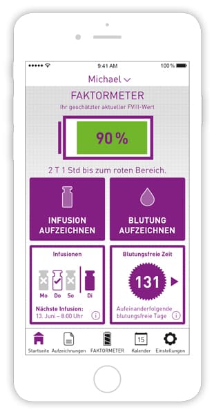 Abbildung von Smartphone mit MyPKFiT App. Faktometer mit Anzeige FVIII-Wert bei 90%.